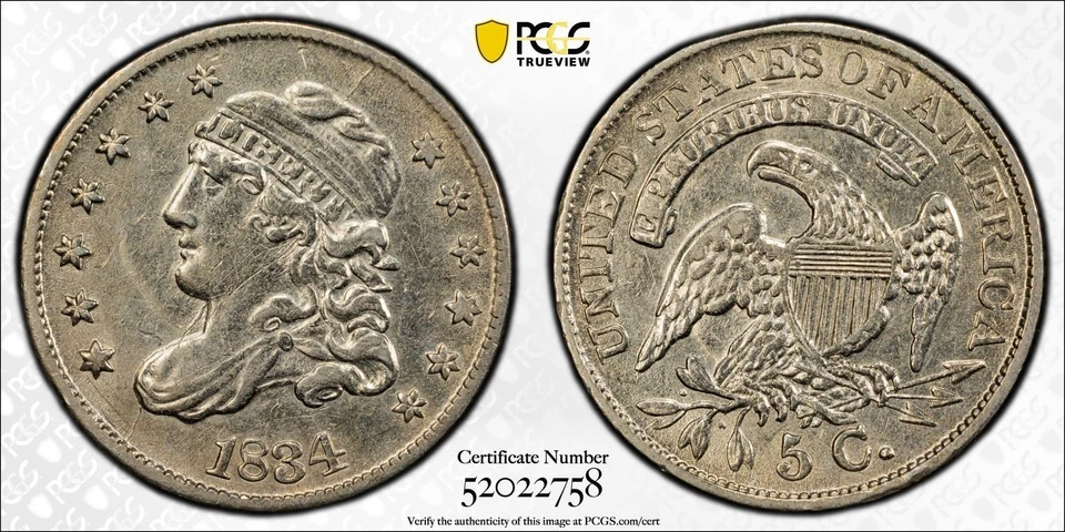 Media moneda de diez centavos busto tapado 1834 PCGS limpiada - detalle como nueva - moneda tipo plata temprana #1062 Foto 1 de 4