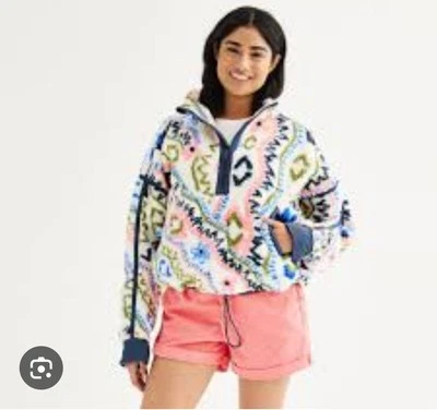Chaqueta Sherpa So Cropped Talla Mediana Cuarto Cremallera Oso de Peluche Azteca Difuso Nueva con Etiquetas Foto 1 de 4