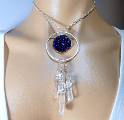 Natural Rock Crystal Quartz Three Point Titanium Blue Quartz Silver Necklace - Image 1 of 4