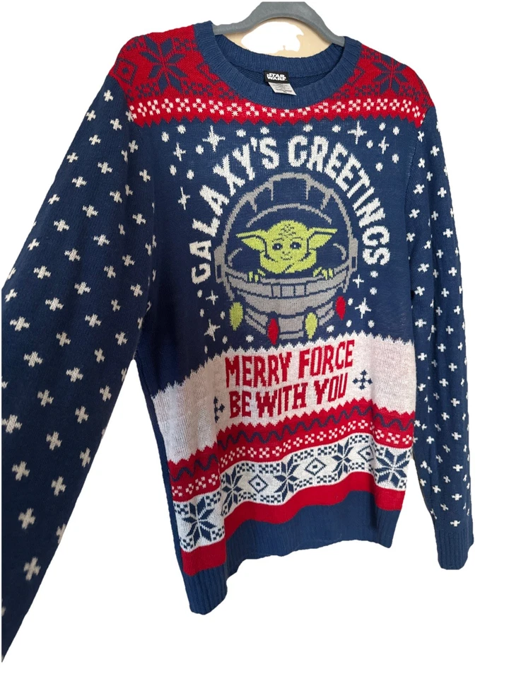 Star Wars Christmas Sweater Holiday Ugly Tacky Baby Yoda Grogu Men's L (42-44) - Image 1 of 4