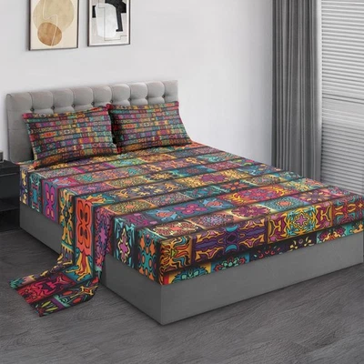 Queen Size Bed Sheet Sets, Colorful Vintage Floral Soft Microfiber 4 Pcs Bedd... - Image 1 of 4