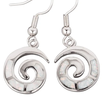 Pendientes colgantes colgantes de plata ópalo de fuego blanco en forma de espiral Foto 1 de 4