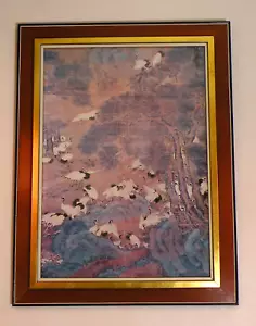 School of Cranes Asian Mountainous Landscape Gold Gilt Silk Matting 23"W x 30"T - Picture 1 of 6