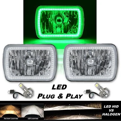 7X6 Green SMD Halo Glass Metal Headlight 24w White LED Light Bulb Headlamp Pair - Image 1 of 4