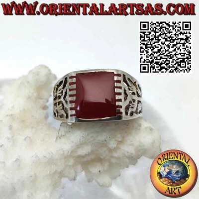 Anello in argento 925 ‰ corniola rettangolare agganciata lateralmente e motivo c - Immagine 1 di 3