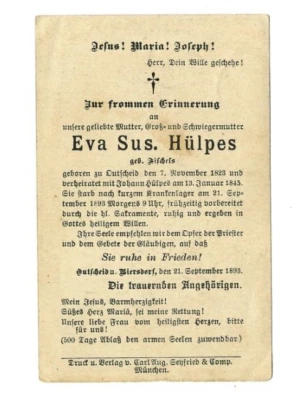 Totenzettel Eva Sus Hülpes geb. 1845 zu Outscheid Utscheid verst. 1893 - Bild 1 von 2