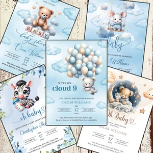 10 Babyparty Einladungen, Bedruckte Baby Jungen Einladungen, Teddybär, Blau Einladungen - Bild 1 von 25