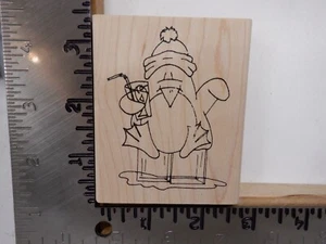 INKY ANTICS PENGUIN SITTING ON ICE CUBE W/DRINK WOOD RUBBER STAMP EUC L5698 - Picture 1 of 2