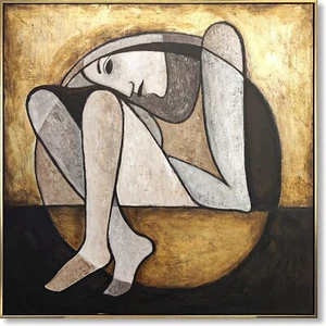 Abstrakte kubistische Gold weibliche Figur Gemälde Original figuratives Kunstwerk 40"x40" - Bild 1 von 9