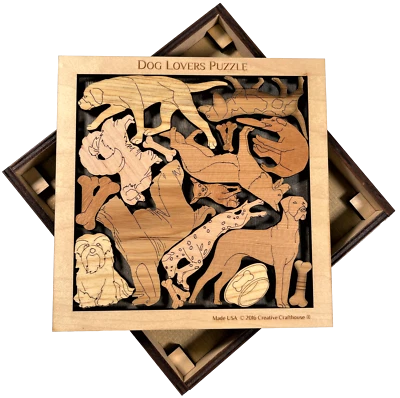 狗爱好者拼图 - 艺术和具有挑战性的木质脑筋急转弯带底座和盖子 — 第 1/4 张图片