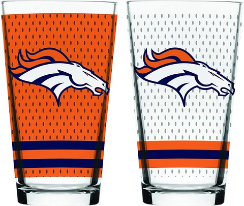 Denver Broncos Football Mixing Glass Set of Two 16oz Full Logo in Gift Box Cover
