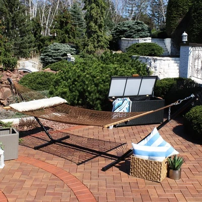 2-Person Polyester Rope Hammock with Steel Stand - Brown by Sunnydaze - Image 1 of 4