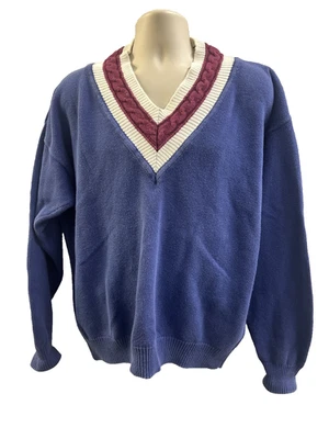 Suéter Clairborne Cuello en V Vintage Preppy Azul Cable Para Hombre Talla Grande Foto 1 de 4