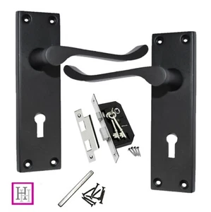 Door Handles Matt Black Finish Victorian Scroll Lock + 64mm Lever Lock & Keys - Picture 1 of 26