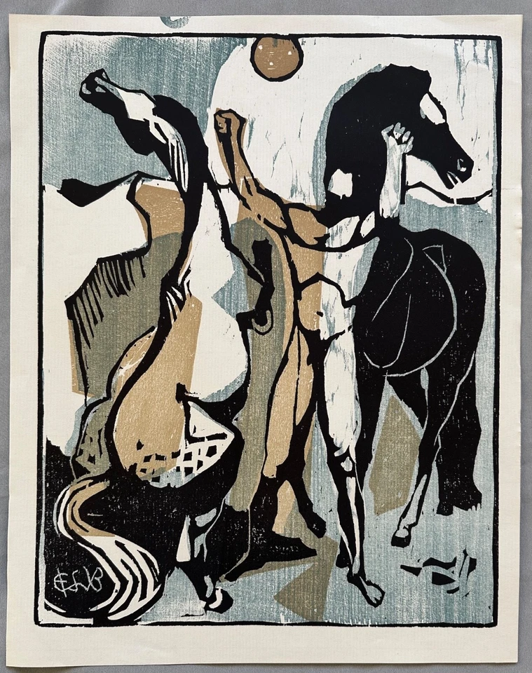 Prof. Eduard Bischoff 1890-1974, mehrfarbiger Holzschnitt Motiv: Pferde - Bild 1 von 1