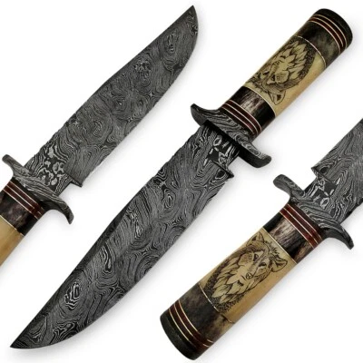 custom handmade damascus steel 13" bowie knife  bone handle with damascus clip - Image 1 of 4
