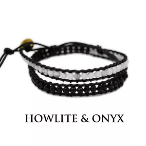 DOUBLE WRAP BRAIDED BRACELET GEMS STONE ONYX SHELL CORAL BRASS 3 SIZES hi-bl012 - Picture 1 of 24