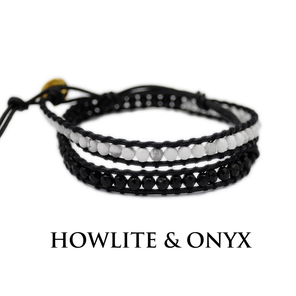 DOUBLE WRAP BRAIDED BRACELET GEMS STONE ONYX SHELL CORAL BRASS 3 SIZES hi-bl012 - Image 1 of 1