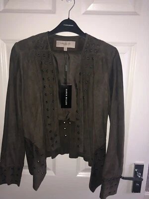 *BNWT* £295 KAREN MILLEN 100% SUEDE BROWN LADIES JACKET SILVER EYELET  SIZE 6 - Image 1 of 4
