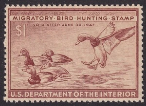 MATT'S STAMPS US SCOTT #RW13 $1 DOLLAR 1946 FEDERAL DUCK STAMP, MVLH, CV$50 - Picture 1 of 3