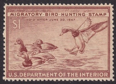 MATT'S STAMPS US SCOTT #RW13 $1 DOLLAR 1946 FEDERAL DUCK STAMP, MVLH, CV$50 - Image 1 of 3