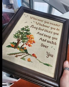 Vintage Cross Stitch Framed Embroidery Autumn Fall Leaves Trees God Bless You - Picture 1 of 7