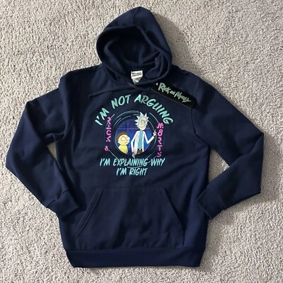 NUEVO CON ETIQUETAS Rick And Morty Gráfico Pullover Sudadera con Capucha Hombre Pequeño Azul Marino Adulto Nadar Foto 1 de 4