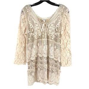 Travel Smith Cream Crochet Blouse Womans Size Large Made In USA Ivory Top Knit - Picture 1 of 9