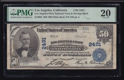 US 1902 $50 National Plain Bk Los Angeles FNT&SB Chtr#2491 FR 683 PMG 20 VF(336) - Image 1 of 2