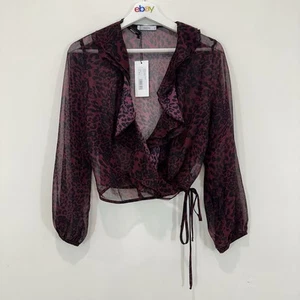 Sheike Wrap Top Women 8 Burgundy Hyper Animal Blouse Sheer Made in Aust NEW - Picture 1 of 10