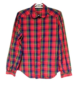 Vintage Red Plaid Button Down Blouse 70s Peter Pan Collar Academia Preppy Size M - Picture 1 of 7
