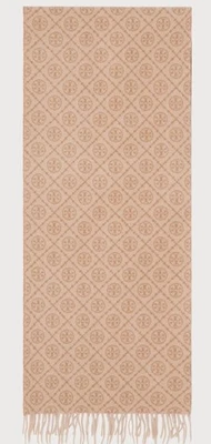 Cachecol Tory Burch grande clássico monograma algodão lã marrom camelo -Novo sem etiqueta - Imagem 1 de 4