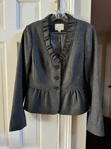 Ann Taylor Loft Ruffled Neck Wool Polyester Rayon Blazer. Size 4. Gray. - Picture 1 of 7