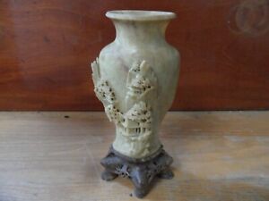 Unusual 2 Tone Carved Soapstone Vase on Base - Detailed Chinese Village Scene