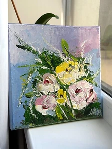 Original painting colorful flowers Impressionism Collectible impasto art blue - Picture 1 of 9