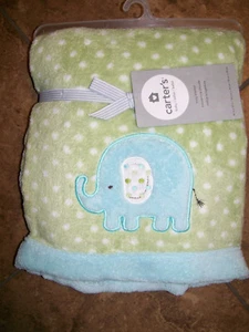 NEW CARTER'S Green White Dots Blue ELEPHANT Baby BLANKET 30" x 40" NWT - Picture 1 of 3