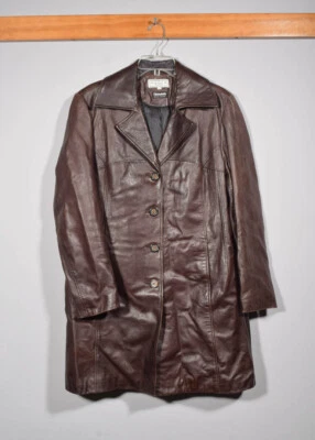 Pelle Studio Brown Leather Button Up Mid Length Trench Jacket Thinsulate Sz XL - Image 1 of 3