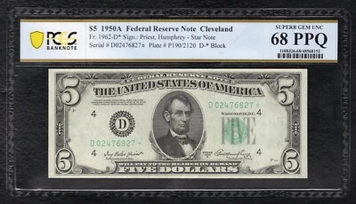 FR. 1962-D* 1950-A $5 *STAR* FRN CLEVELAND, OH PCGS BANKNOTE GEM UNC-68PPQ - Image 1 of 2