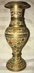 Antique Cloisonne Styled Thick Brass Champleve Floral Vase (8.3") - Picture 1 of 4