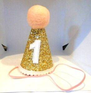 Pet Gold Glitter Sparkles Pink 1st Birthday Girl Cone Hat Party  2 3/8" Diameter