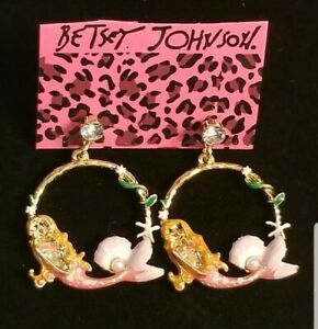 Betsey Johnson Sea Mermaid Pearl Pink Tail Gold Stud Dangle Earrings