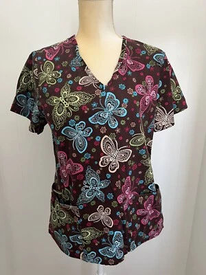 SMALL SB SCRUBS Medical Scrub Top - Brown with Colorful Butterflies Blue Pink - Image 1 of 4
