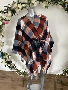 JOULES Janey Wrap Poncho Blanket Scarf One Size Navy Orange Check Belted NEW - Picture 1 of 24
