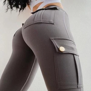Womens Cargo Yoga Leggings with 4 Pockets Workout Pants High Waist - Picture 1 of 24