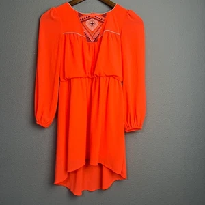 Gianni Bini Girls Neon Orange Dress Embroidered High Low Blouson Party Sz M - Picture 1 of 9