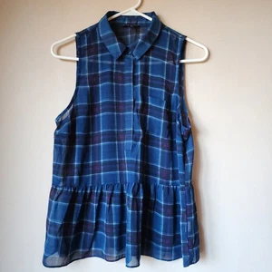 American Eagle Outfitters Top Womens Sz L Blue Sheer Plaid Snap Front Sleeveless - Picture 1 of 9