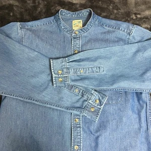 Travel Smith Mens Medium Band Collar Blue Denim Jean Shirt Long Sleeve ButtonUp - Picture 1 of 8