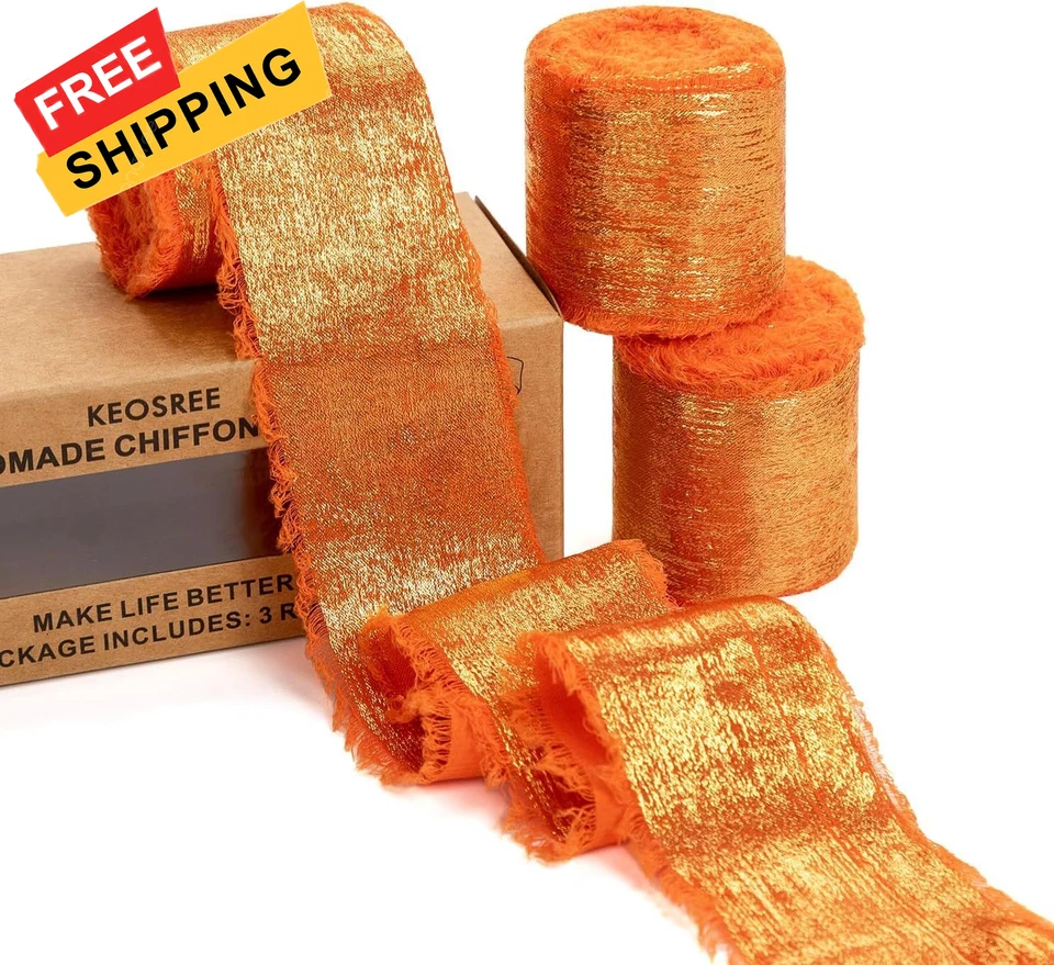 Cinta de gasa de seda naranja, cinta brillante deshilachada de terracota para  Foto 1 de 4