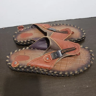 Brown Camel Leather Men Anti-Slip Flat  Flip-Flop Sandals 42/9 — 第 1/4 张图片