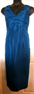 Marisa Baratelli Size 12 Teal Blue Thai Silk Sleeveless Sheath Dress Midi Ruched - Picture 1 of 5